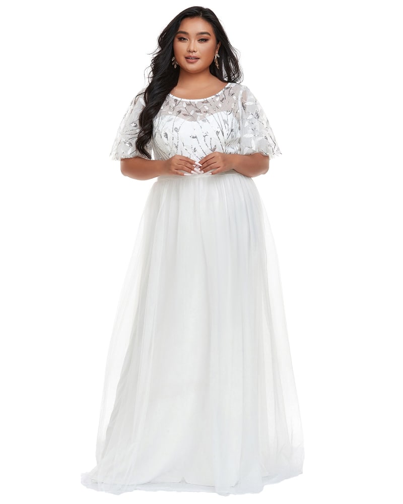 Front of a model wearing a size 26 Sequin Leaf Floor-length Evening Dress in White by Ever-Pretty. | dia_product_style_image_id:285143